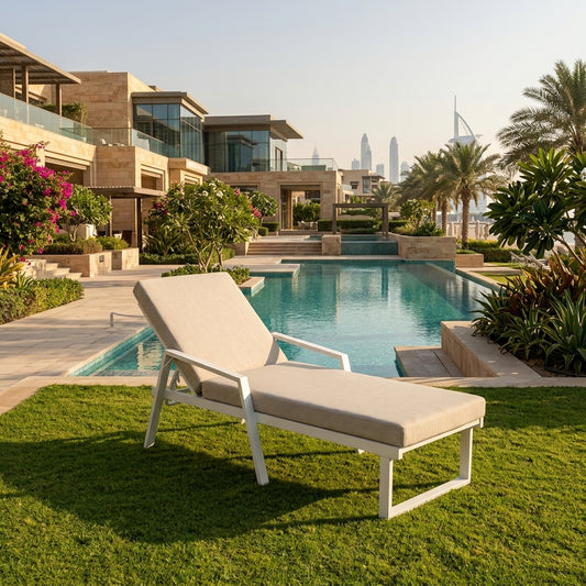 Aluminum outdoor sun lounger with beige padded seat and backrest
