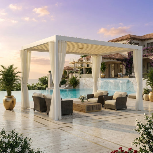 White aluminum louvered pergola with sheer side curtains over patio seating