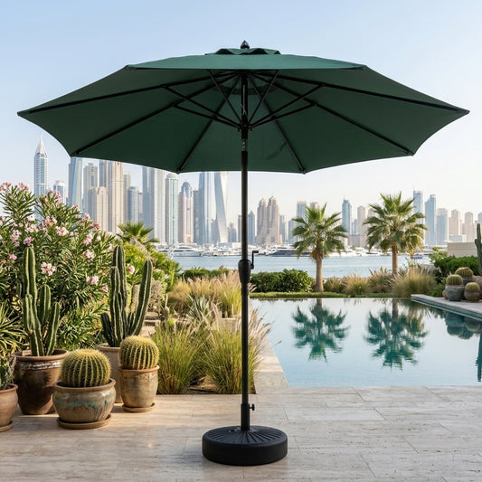 Green outdoor patio umbrella with open canopy and black pole, round water-weight base
