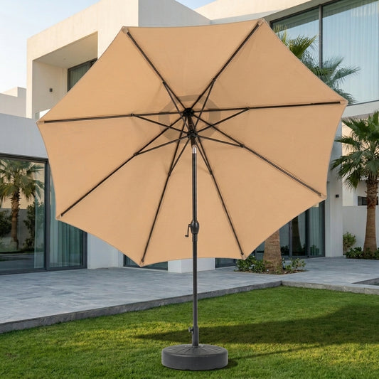 Beige outdoor patio umbrella with square canopy and metal pole stand