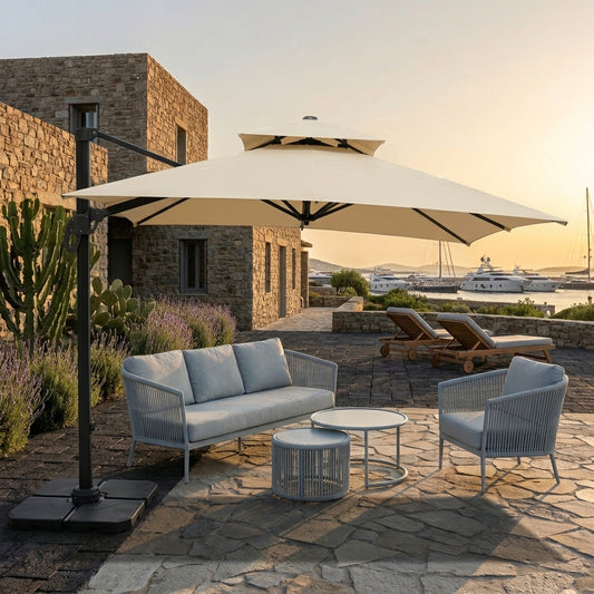 Outdoor patio umbrella with off-white canopy and rotating center pole