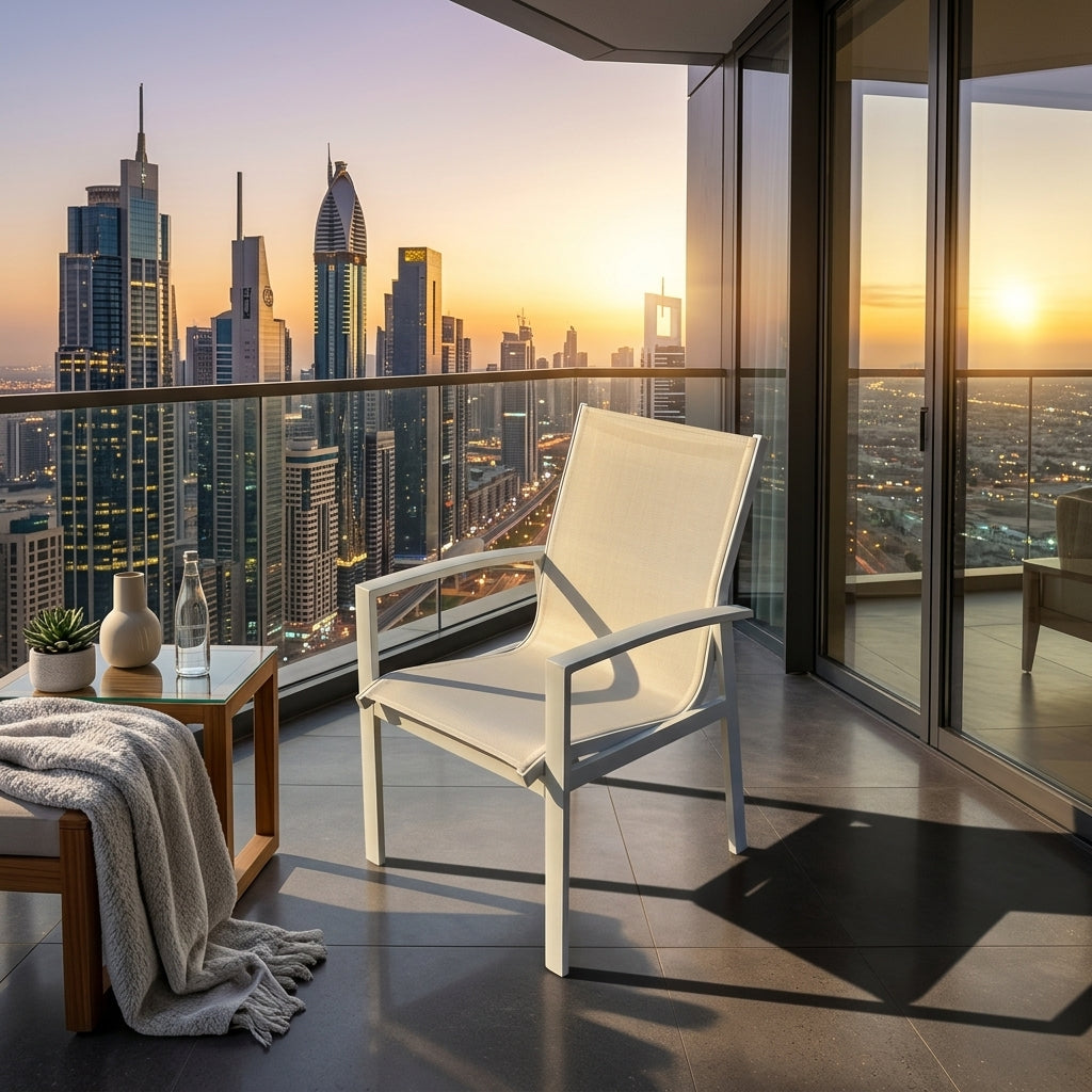 White aluminum frame patio chair with armrests and mesh seat
