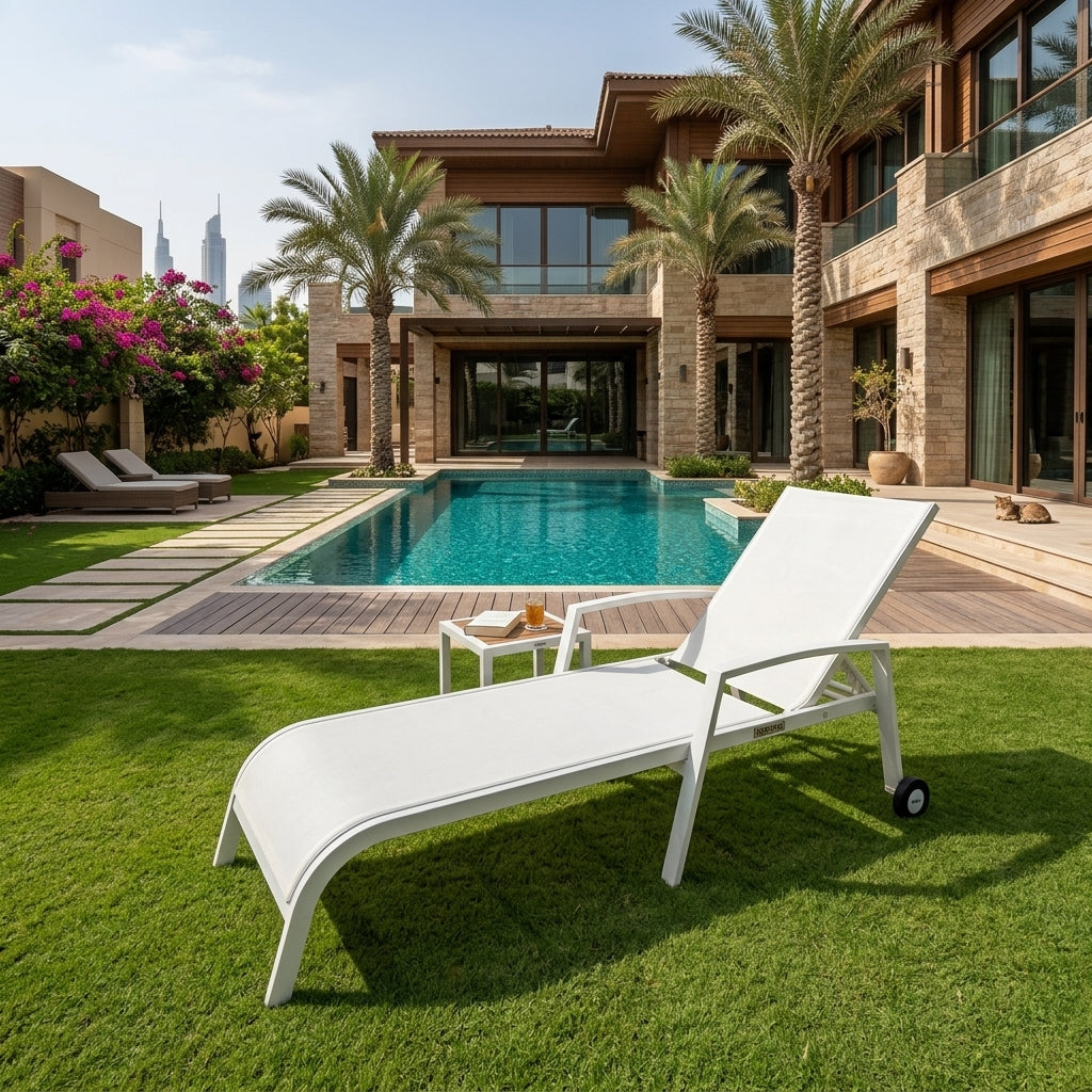 White beach or pool lounge chair with armrests, padded seat, and caster wheels