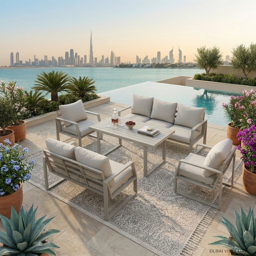 RAL Luxury 7-Seater Outdoor Aluminum Sofa Set with Plush Cushions in Khaki