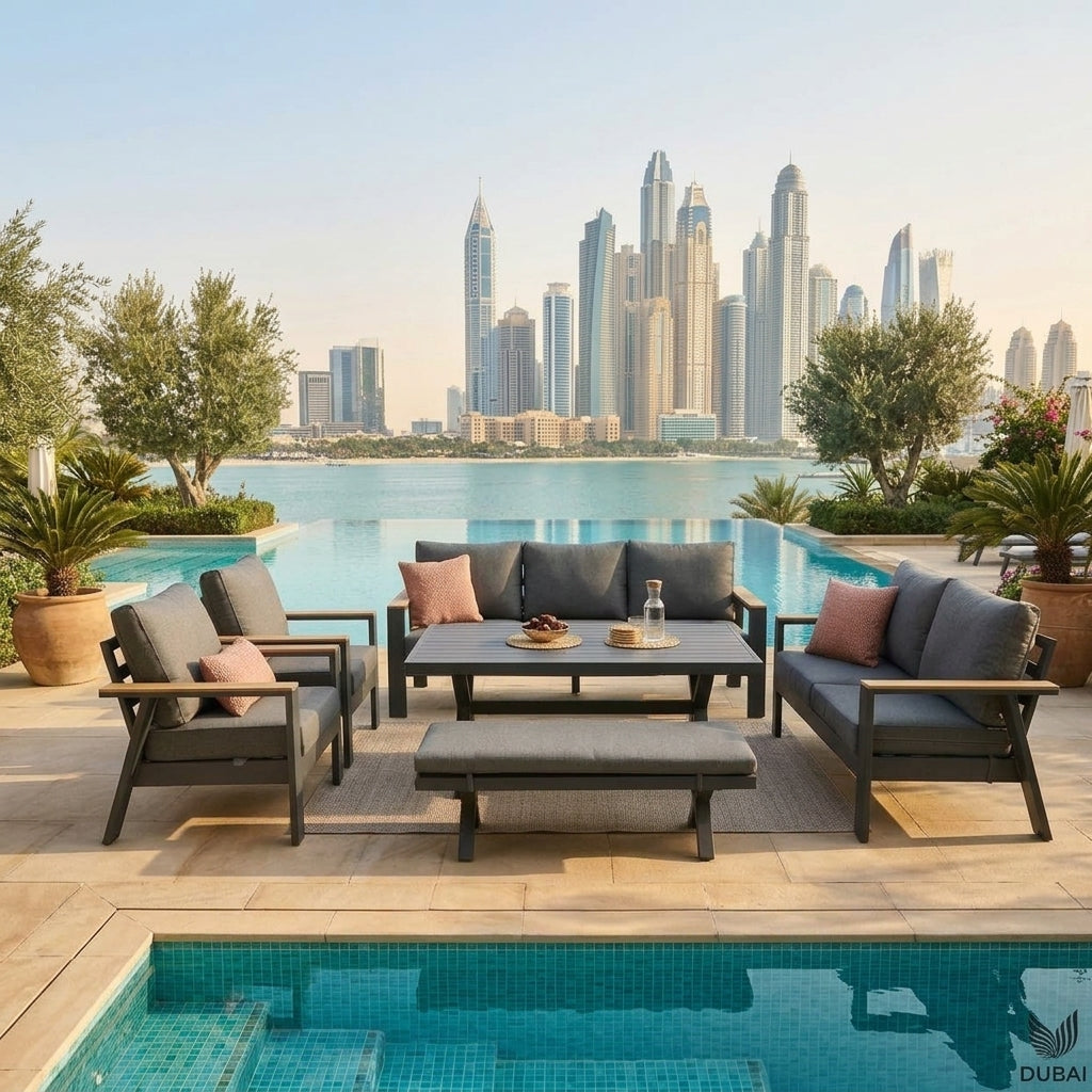 RAL Modern 9-Seater Outdoor Lounge Set – Aluminum Frame with Premium Cushions & Dining Table