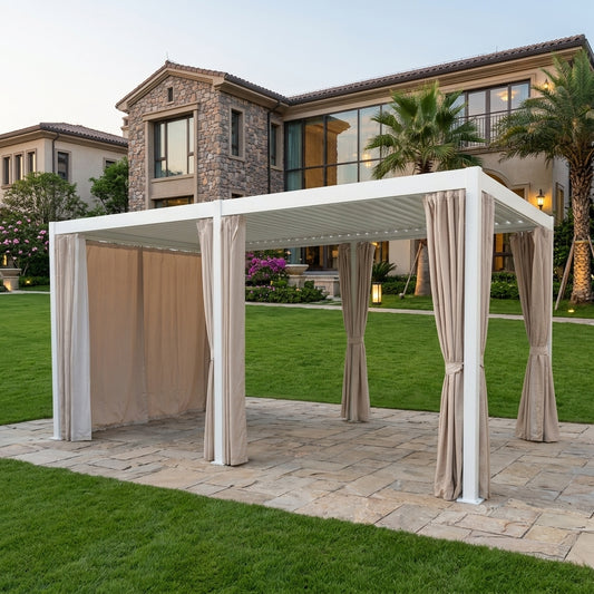White aluminum pergola frame with open side curtains and slatted canopy roof