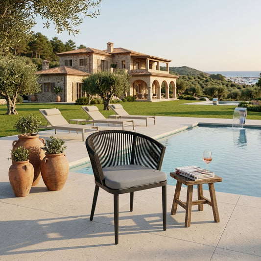 Modern outdoor dining chair with dark rope-style back and weather-resistant cushion