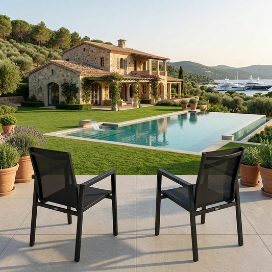 Outdoor aluminum dining chair with armrests, black open-back design