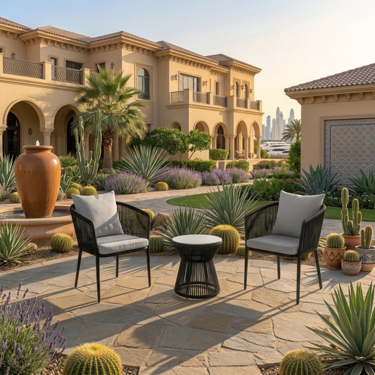 Grey outdoor balcony seating set with two chairs and round side table