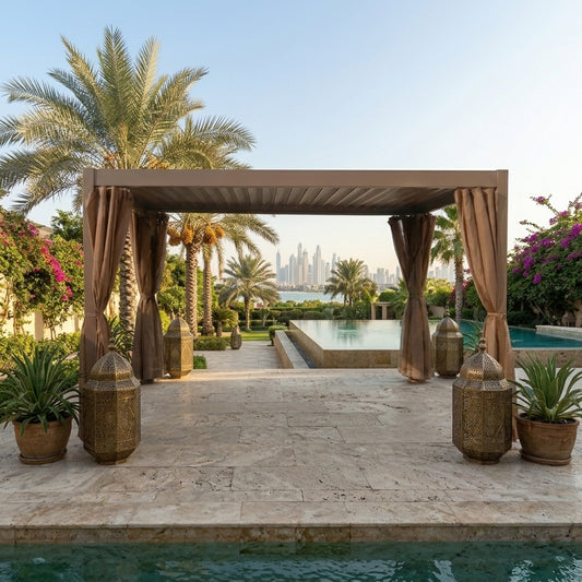 Beige aluminum louver pergola with manual roof and hanging side curtains