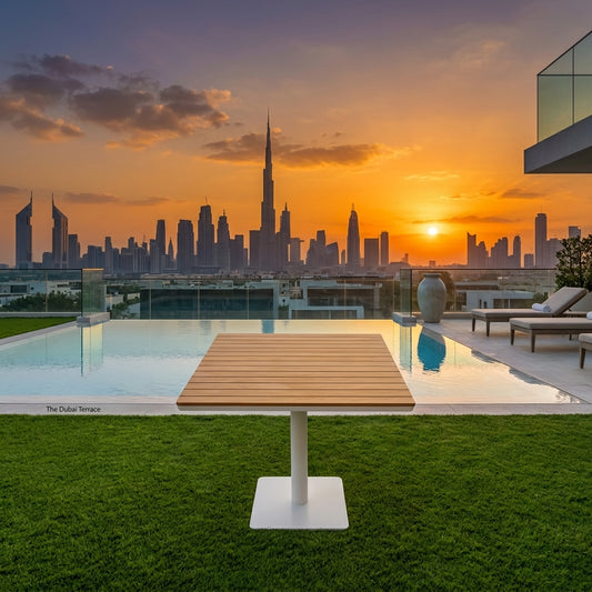 RAL modern square outdoor bistro table with a wood-look top and a single pedestal base