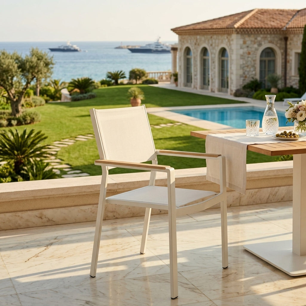 Outdoor dining chair with cream WPC armrests and beige slatted back, aluminum frame