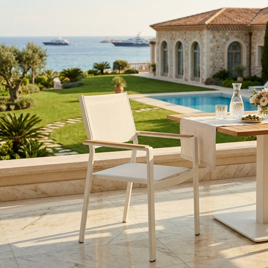 Outdoor dining chair with cream WPC armrests and beige slatted back, aluminum frame