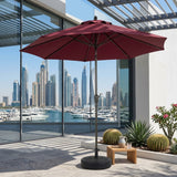Burgundy red outdoor patio umbrella with open canopy and weighted round base