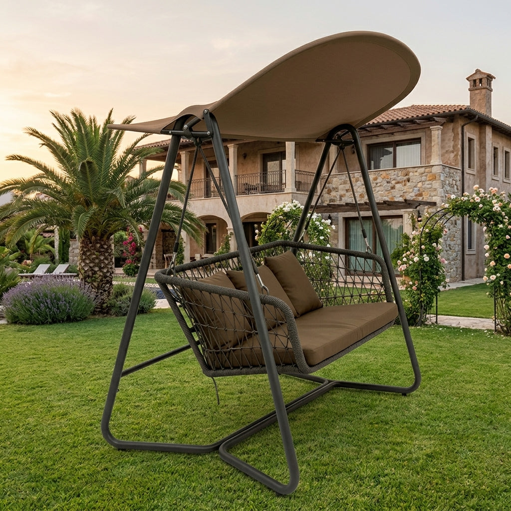 RAL 3-Person Outdoor Patio Swing – Weatherproof Aluminum & Woven Rope Garden Swing Chair with Canopy
