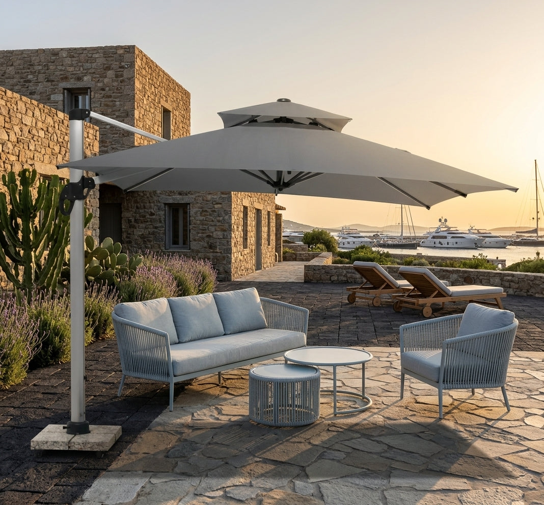 RAL 3x3M Grey Cantilever Outdoor Umbrella with 110kg Wheeled Base – 360° Rotation & Reclining