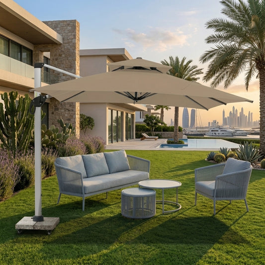 Square cantilever patio umbrella with double-tier canopy on wheeled mobile base, gray