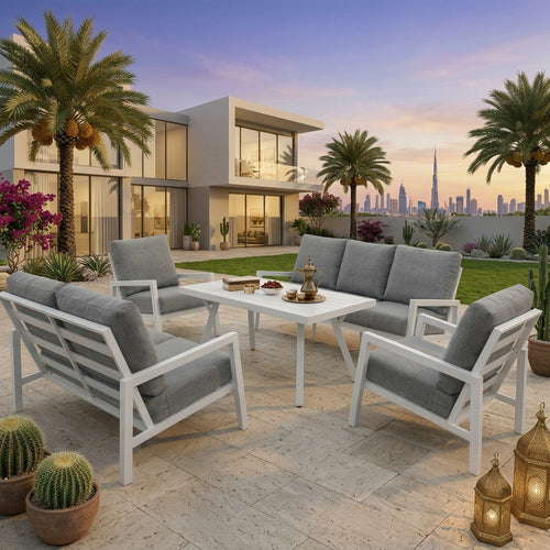 RAL 7-Seater Aluminum Outdoor Sofa Set with Coffee Table – White & Grey