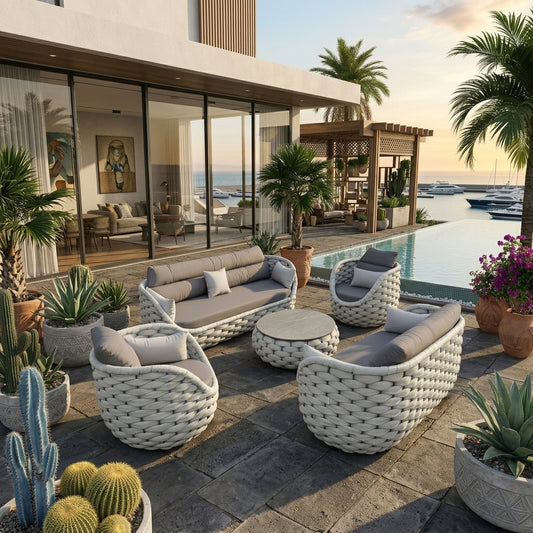 Woven outdoor sofa set with beige seat cushions and round wicker coffee table