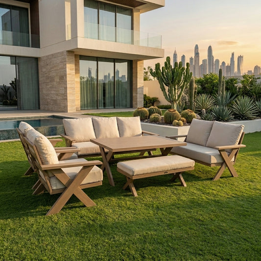 Outdoor aluminum patio seating set with beige cushions and armchairs