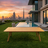 Rectangular dining table with light wood top and four wooden legs