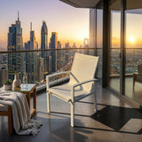 White aluminum frame patio chair with armrests and mesh seat