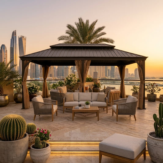 Outdoor gazebo with dark double-peak roof and open sides