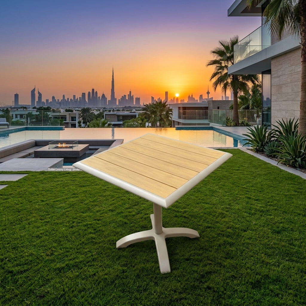 Outdoor dining table with light wood slat top and white base