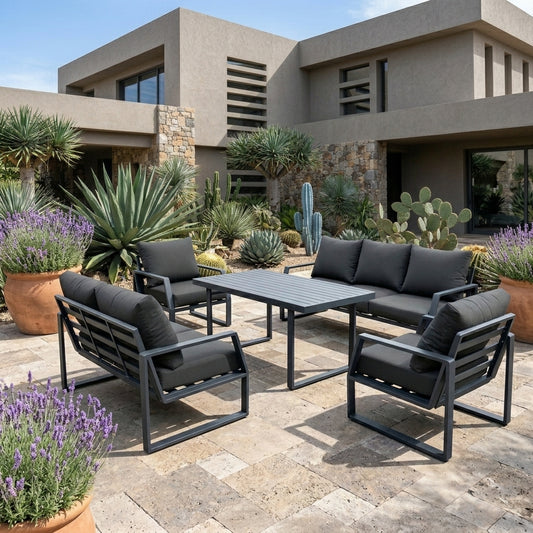 Black outdoor sofa set with aluminum frame, plush cushions, and coffee table