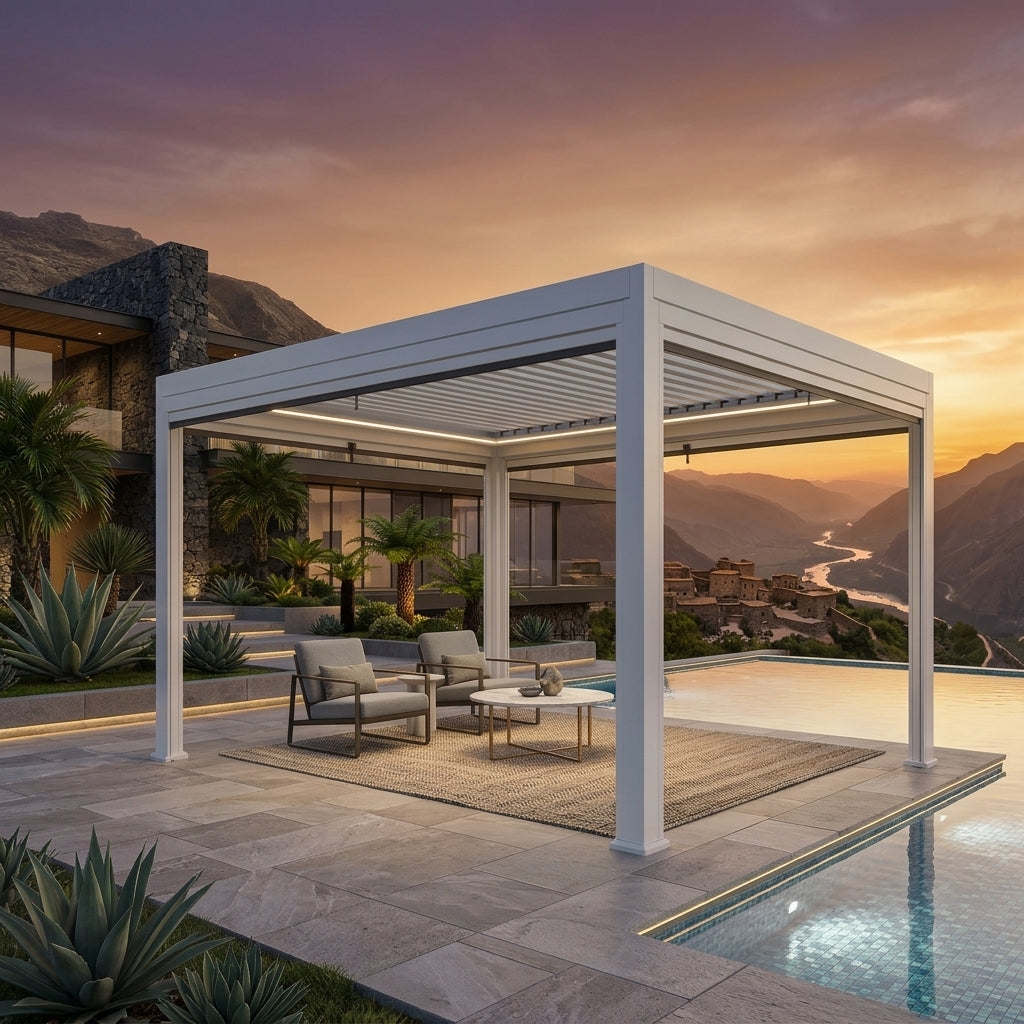 White 3x4m pergola with retractable roller blind panels and open roof