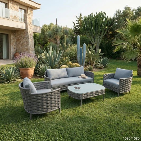 Outdoor aluminum sofa set with gray wicker-style loveseat, chairs, and round coffee table