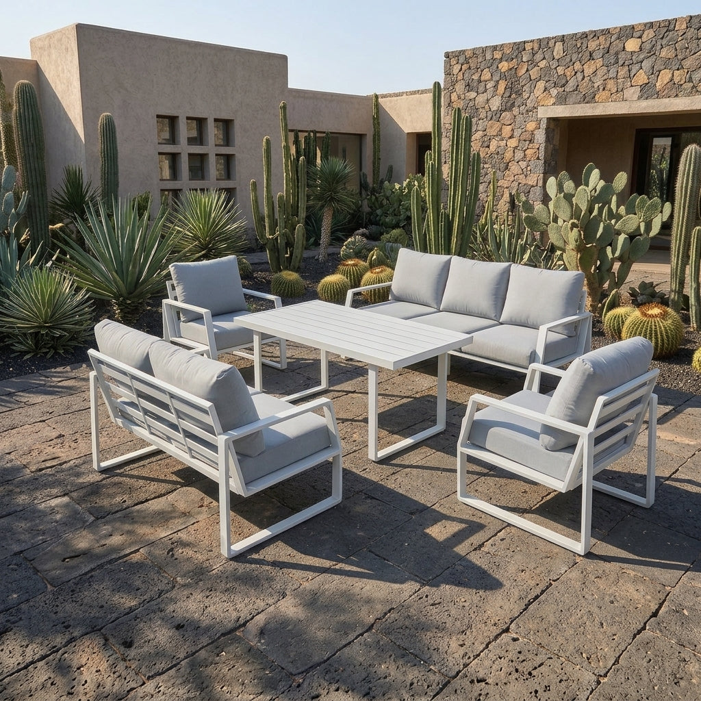 RAL Luxury 7-Seater Outdoor Aluminum Sofa Set with Plush Cushions- White