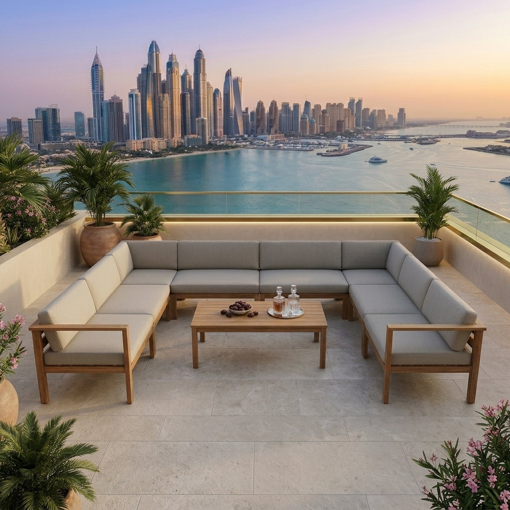 RAL Luxury Outdoor U-Shaped Sofa Set – Aluminum Frame with Wood-Finish - Weather-Resistant Cushions