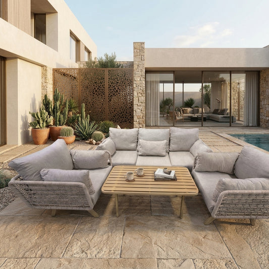Outdoor rope sectional sofa set with light gray cushions and rectangular coffee table