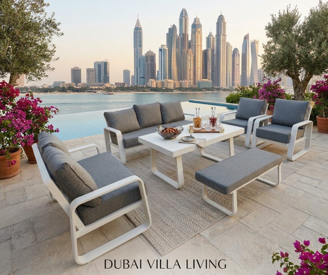 RAL Modern 7-Seaters+ Bench Aluminum Patio Furniture Set with Weather-Resistant Grey Cushions