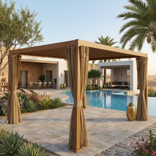 RAL Modern Aluminum Frame Louver Pergola Tent 3x4M with Manual Opening Roof – Wood Color