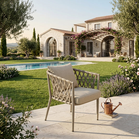 Modern outdoor lounge chair with woven lattice back and light gray seat cushion