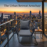 Outdoor rope armchair with metal frame and gray seat and back cushions