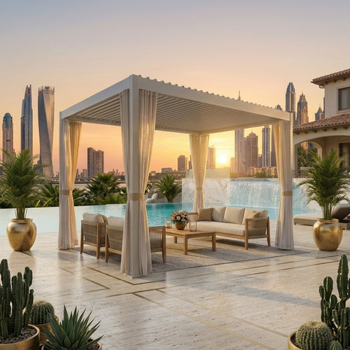 RAL Premium Aluminum Pergola 3×4 m – Weather-Resistant with Beige Curtains