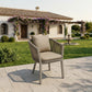 Grey rope-weave patio dining chair with beige seat cushion and aluminum armrests