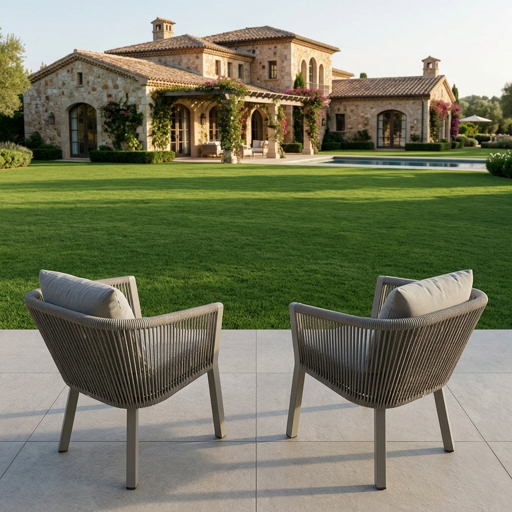 Two grey rope-weave patio dining chairs with beige cushions and aluminum frames